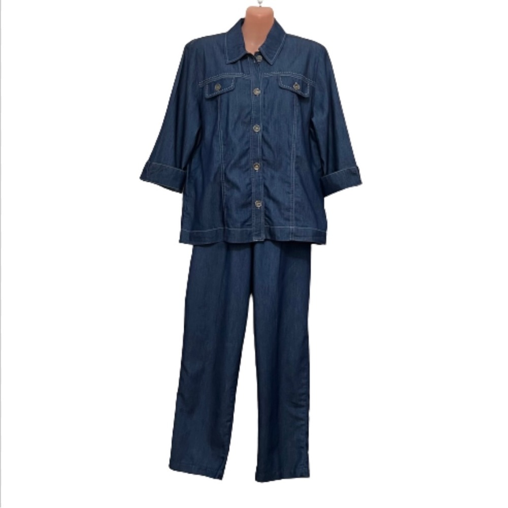 Like New Alfred Dunner Chambray Denim Jacket Pant Set Casual Chic